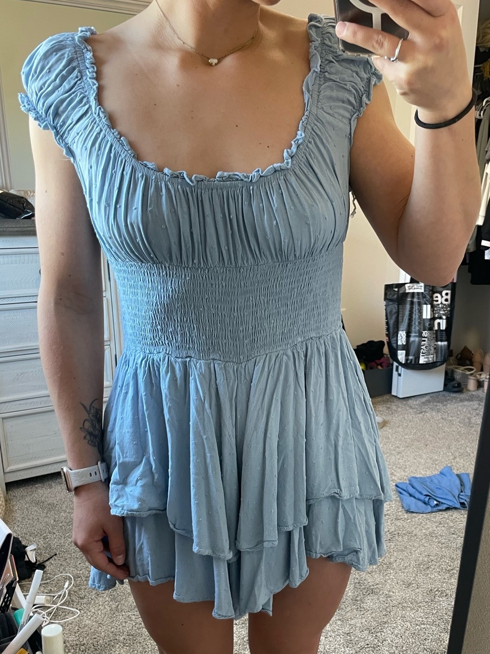 Princess Polly Light Blue Ruffled Smocked Neck Mini Dress